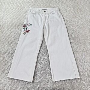 Zara Denim Pants Womens 6 White Floral Boho Cottagecore Wide Leg Baggy Festival